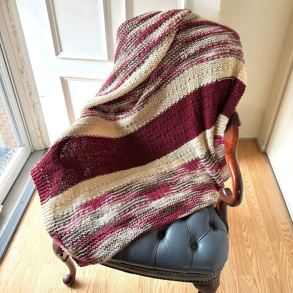 Handmade Knit Afghan Throw Blanket 48 x 45 Burgundy Tan Brown Striped